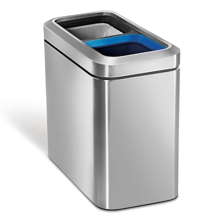 Simplehuman 20 Liter Dual Compartment Slim Open Top Recycling Trash Can, Heavy Gauge Brushed Stainless Steel CW1470